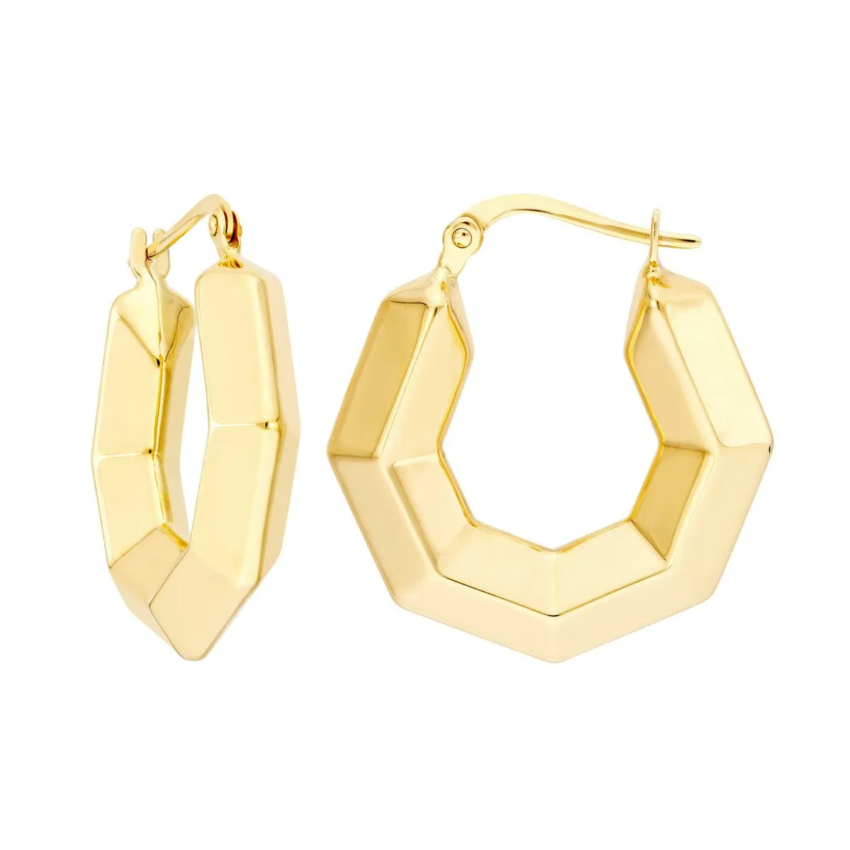14K Yellow Gold 3D Hexagon Hoops