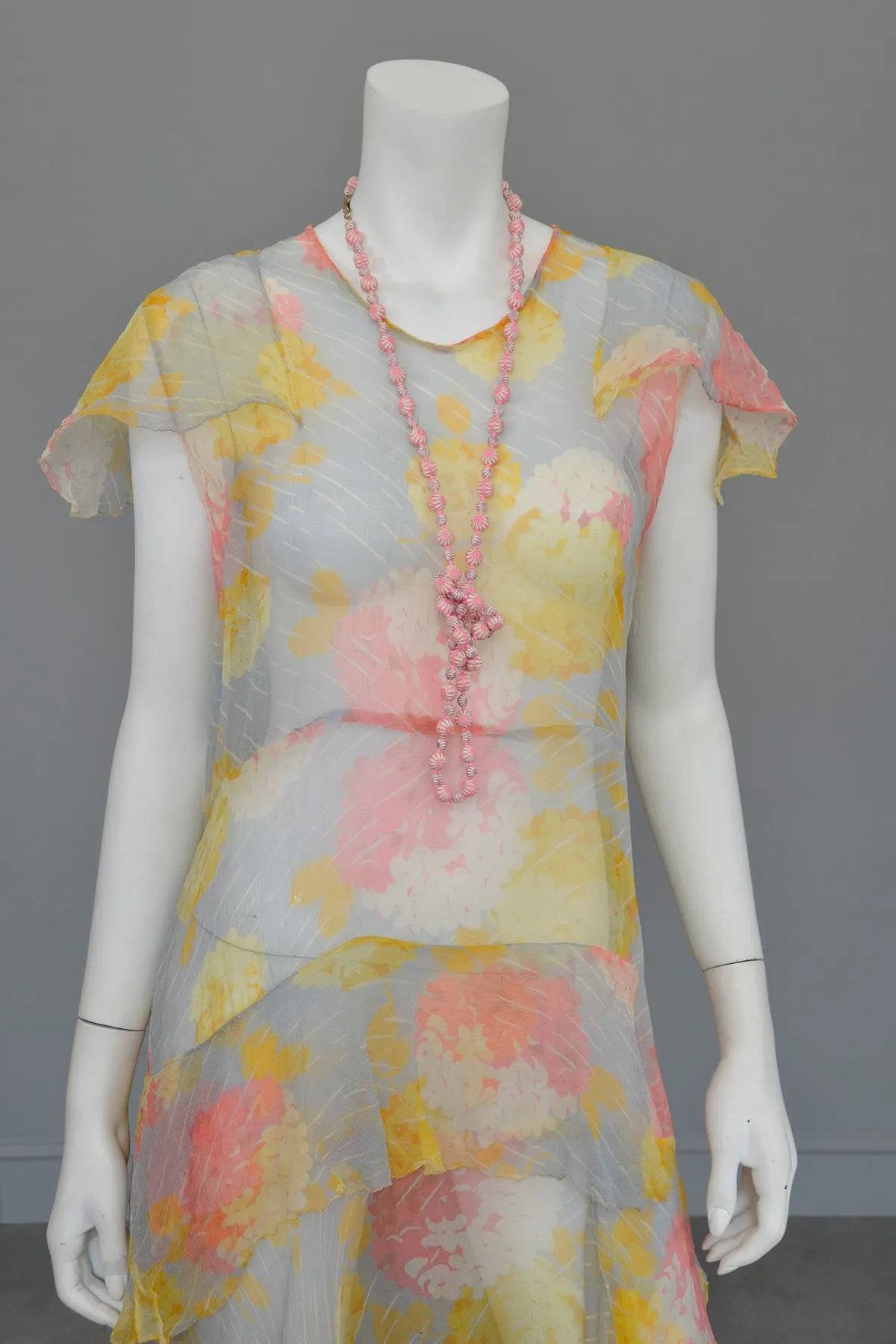 1920s 30s Pastel Floral Print Chiffon Jazz Age Flapper Dress TLC