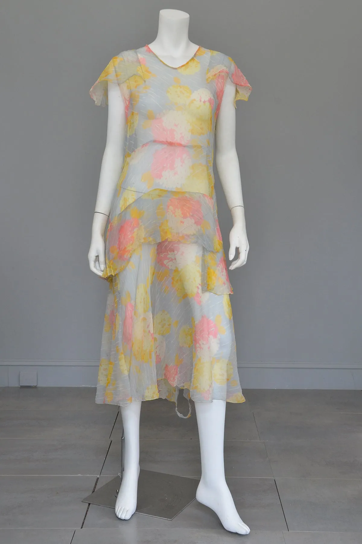 1920s 30s Pastel Floral Print Chiffon Jazz Age Flapper Dress TLC