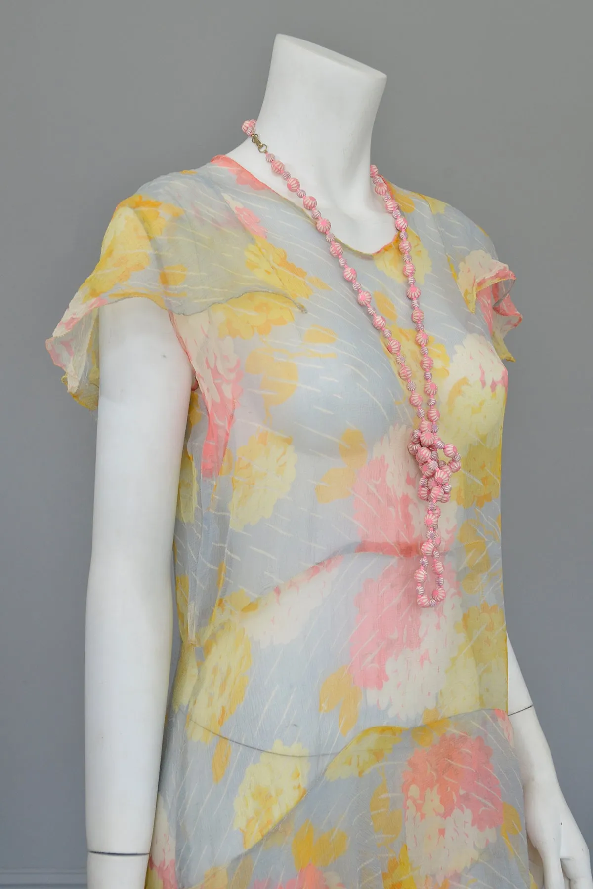 1920s 30s Pastel Floral Print Chiffon Jazz Age Flapper Dress TLC