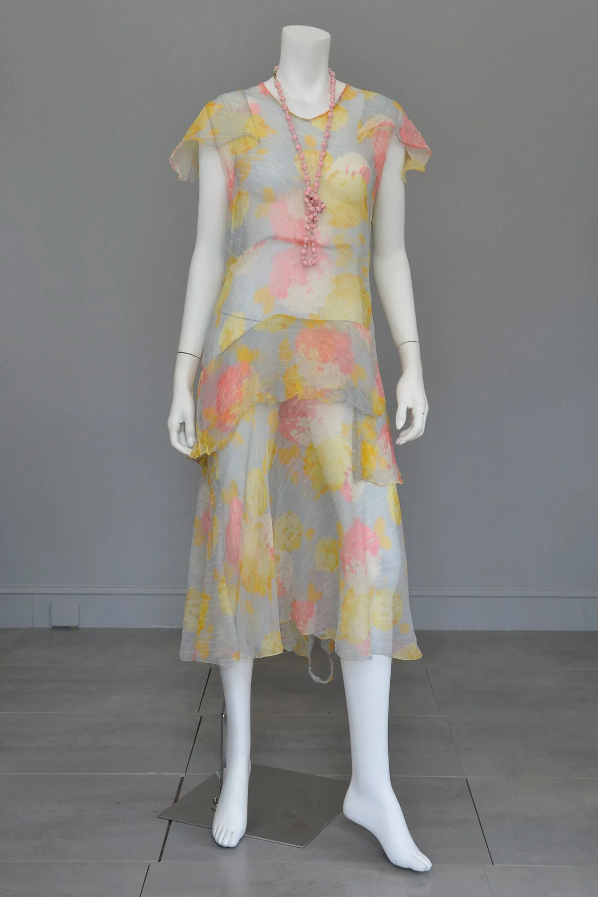 1920s 30s Pastel Floral Print Chiffon Jazz Age Flapper Dress TLC
