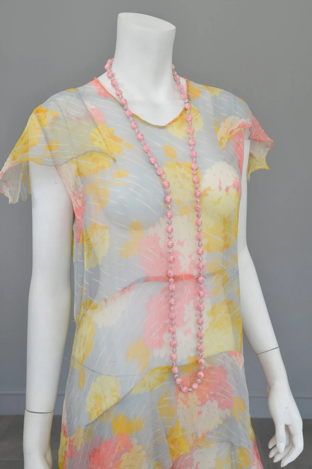 1920s 30s Pastel Floral Print Chiffon Jazz Age Flapper Dress TLC