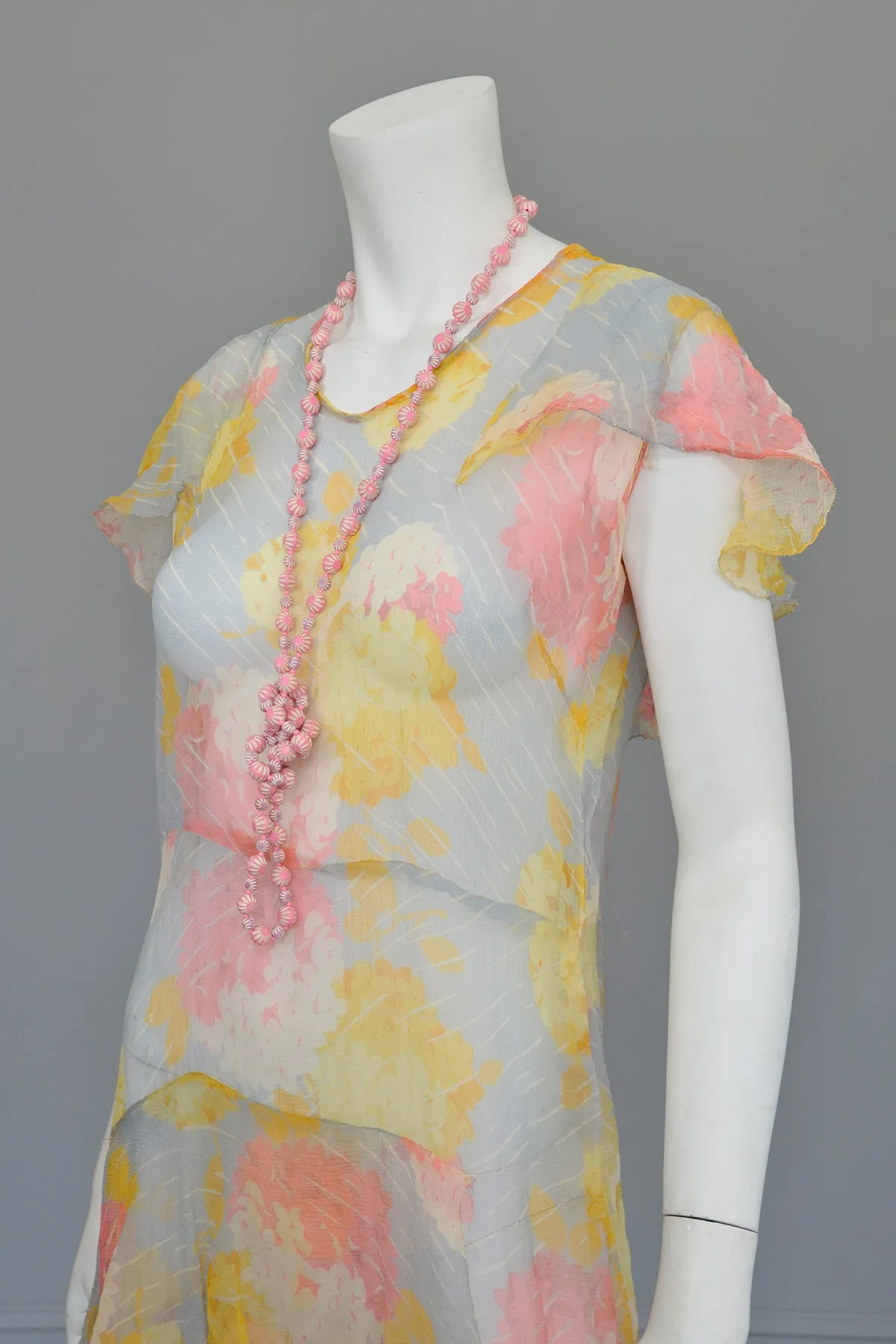 1920s 30s Pastel Floral Print Chiffon Jazz Age Flapper Dress TLC