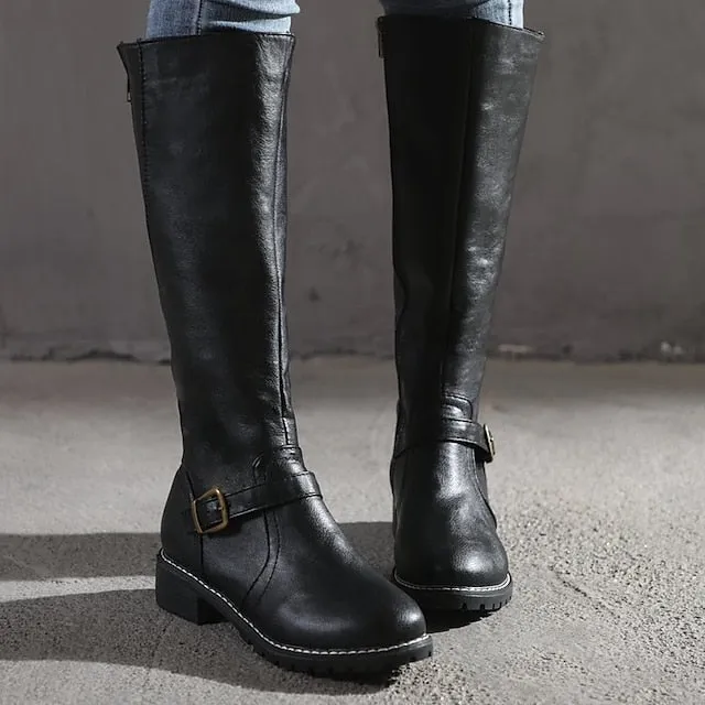 Amozae- Autumn Boots  Women's Boots Riding Boots Knee High Boots Chunky Heel Round Toe PU Zipper Solid Colored Black Yellow Brown