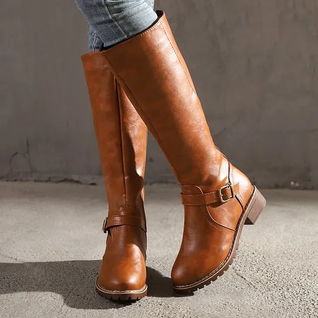 Amozae- Autumn Boots  Women's Boots Riding Boots Knee High Boots Chunky Heel Round Toe PU Zipper Solid Colored Black Yellow Brown