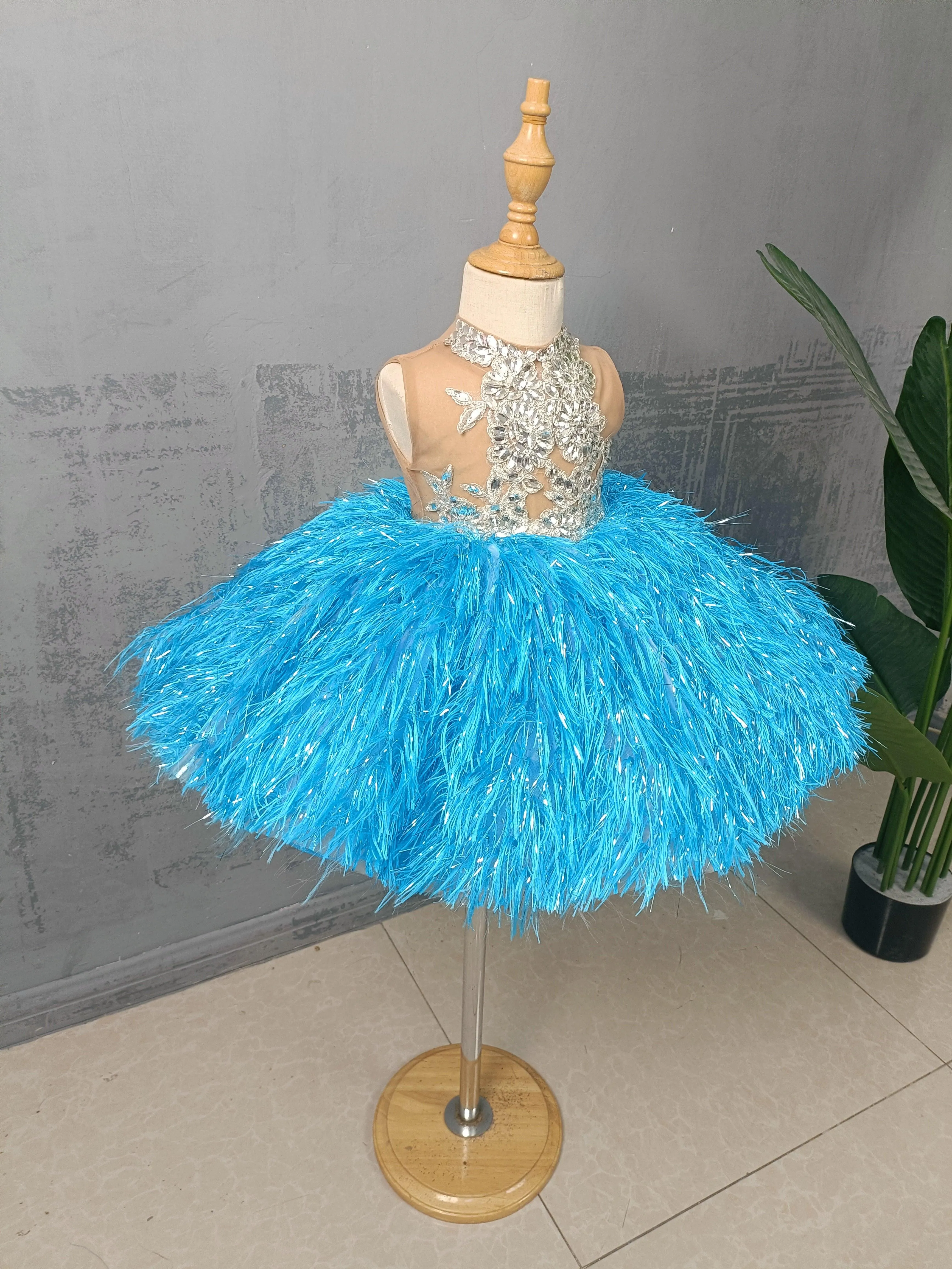 Baby feather and diamond princess birthday party dress for girls dress flower child wedding dress