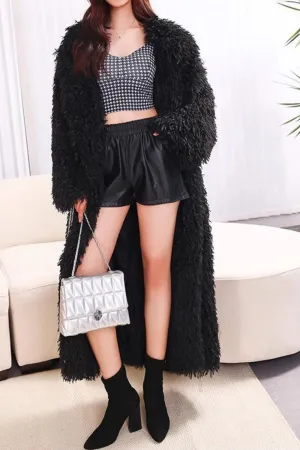 Black Open Front Faux Fur Maxi Women's Coat