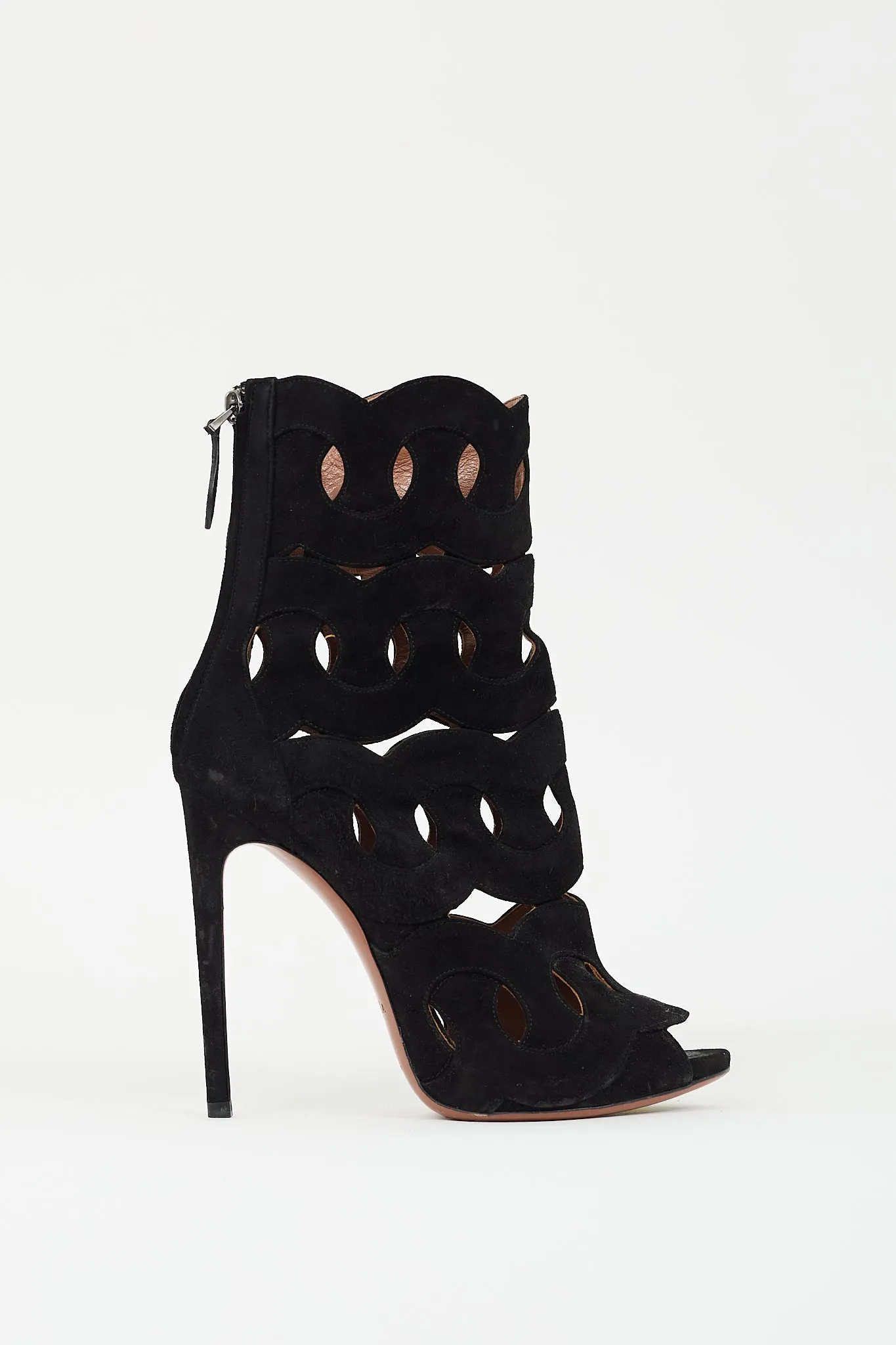 Black Suede Geometric Cutout Peep Toe Boot
