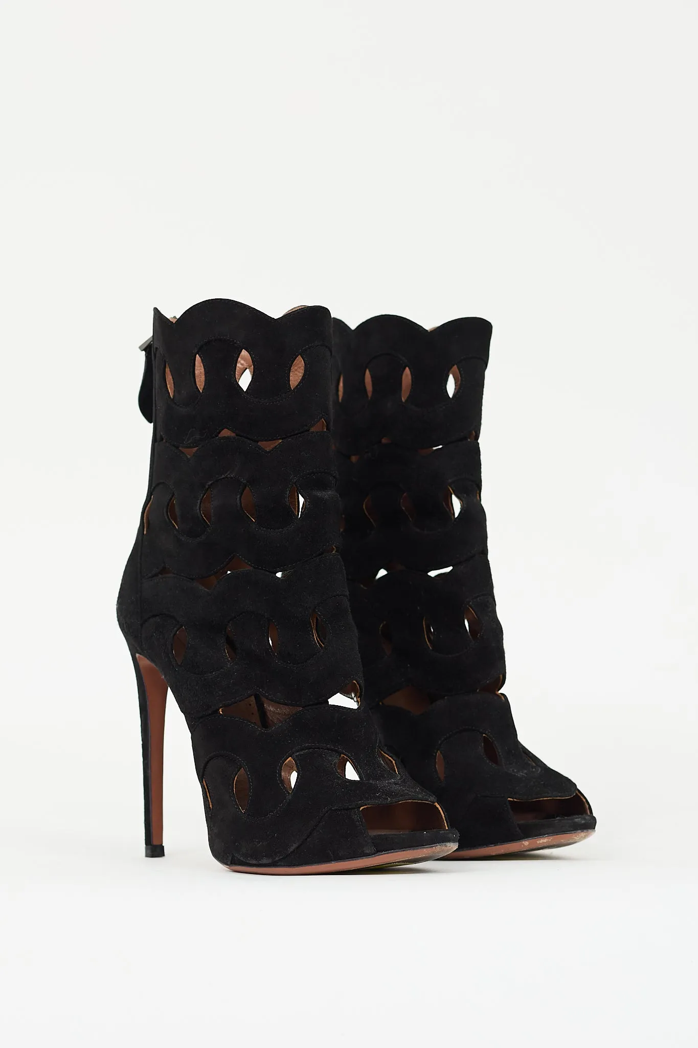 Black Suede Geometric Cutout Peep Toe Boot