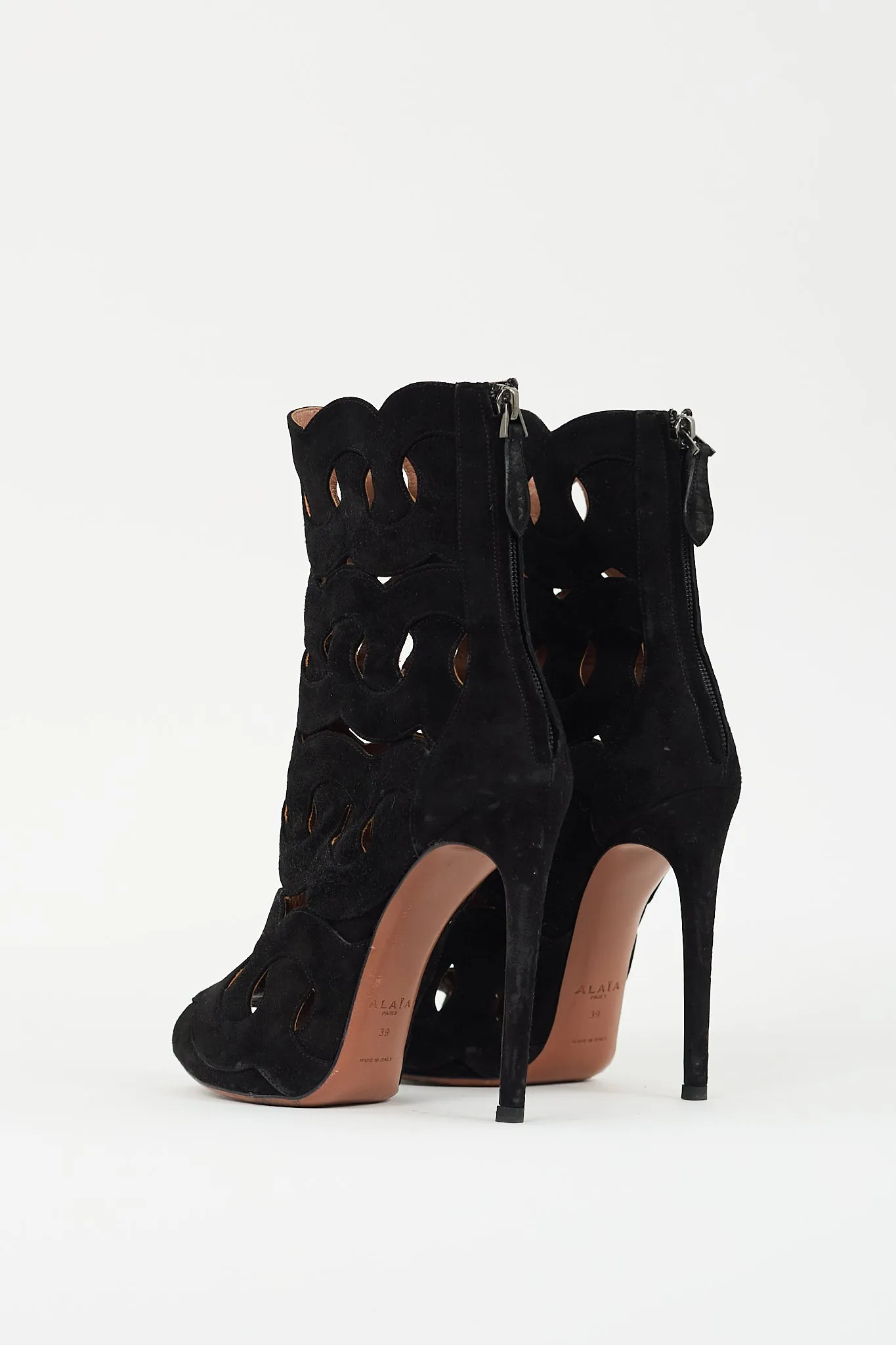 Black Suede Geometric Cutout Peep Toe Boot