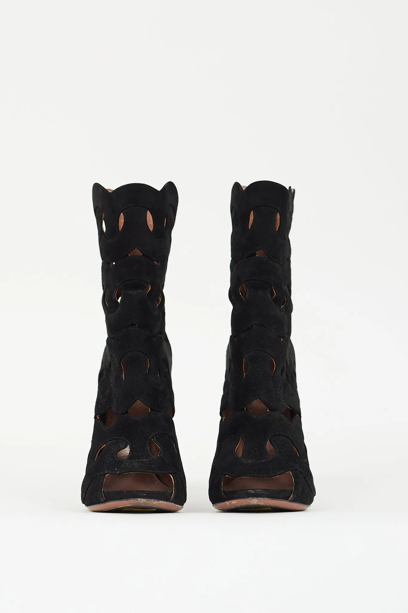 Black Suede Geometric Cutout Peep Toe Boot