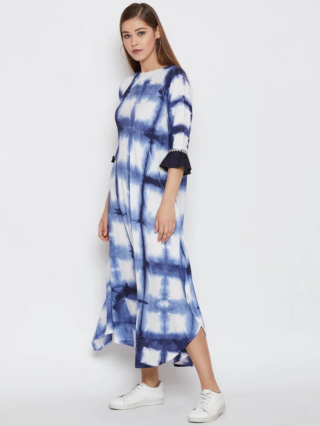 Cotton Viscose Tie & Dye Ruffle Sleeve Dress