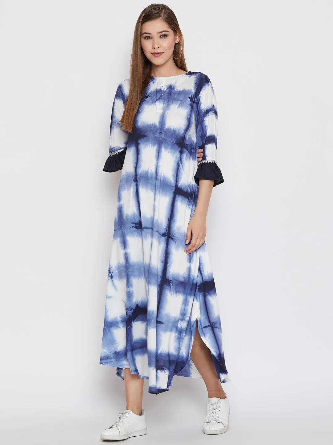 Cotton Viscose Tie & Dye Ruffle Sleeve Dress