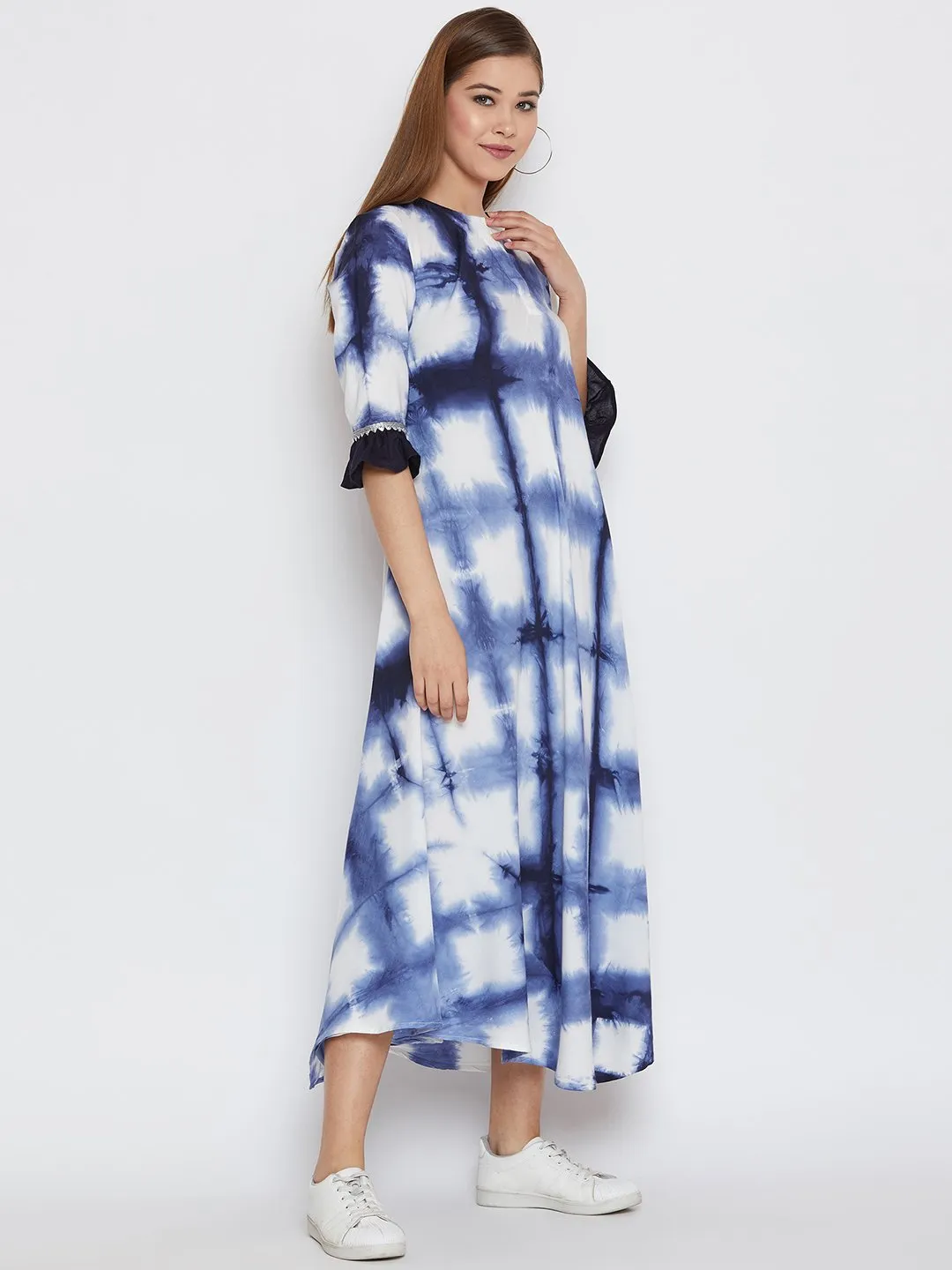 Cotton Viscose Tie & Dye Ruffle Sleeve Dress