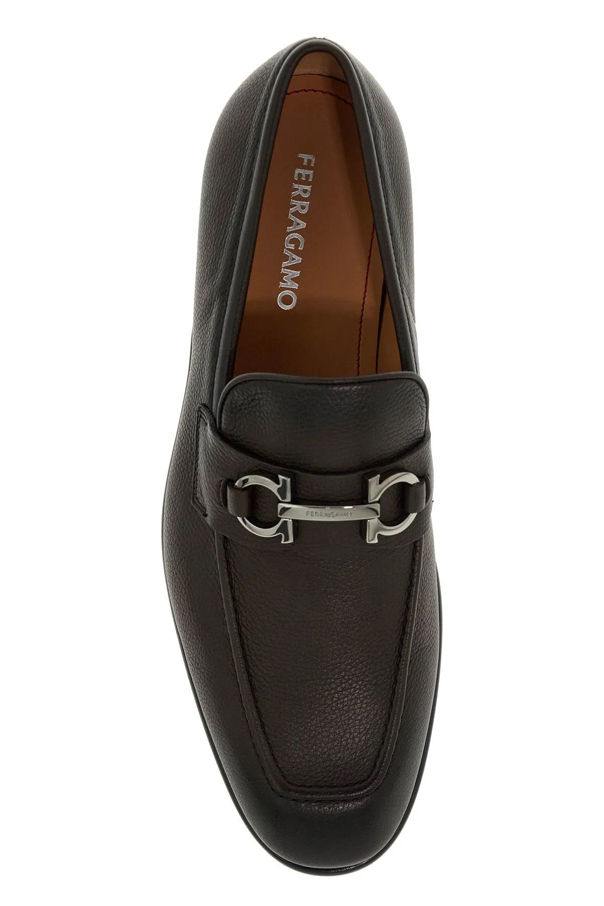 Ferragamo Men's Hammered Leather Loafers with Double Gancini Hook Ornament