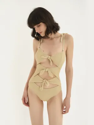 French Vintage Bow Cutout One Piece Swimsuit