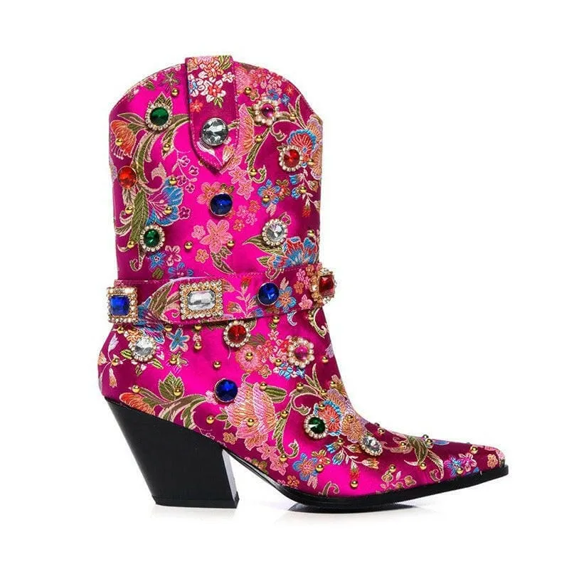 Gemstone Embellished Satin Ankle Western Boots for Women