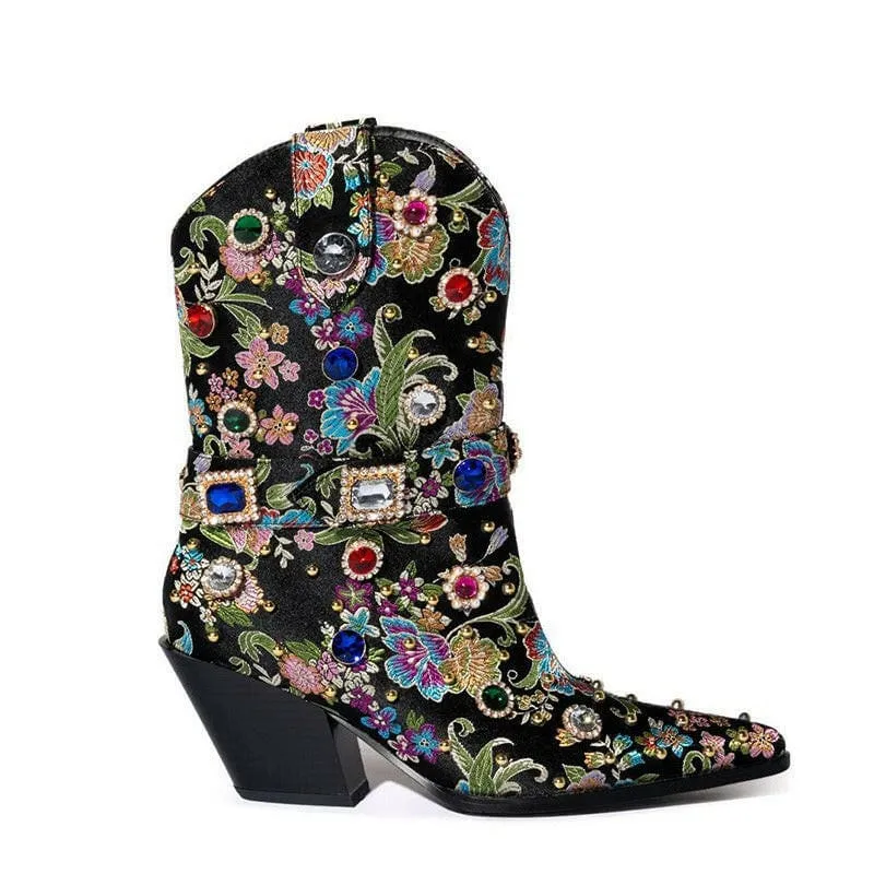 Gemstone Embellished Satin Ankle Western Boots for Women