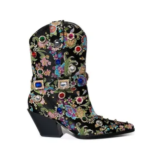 Gemstone Embellished Satin Ankle Western Boots for Women