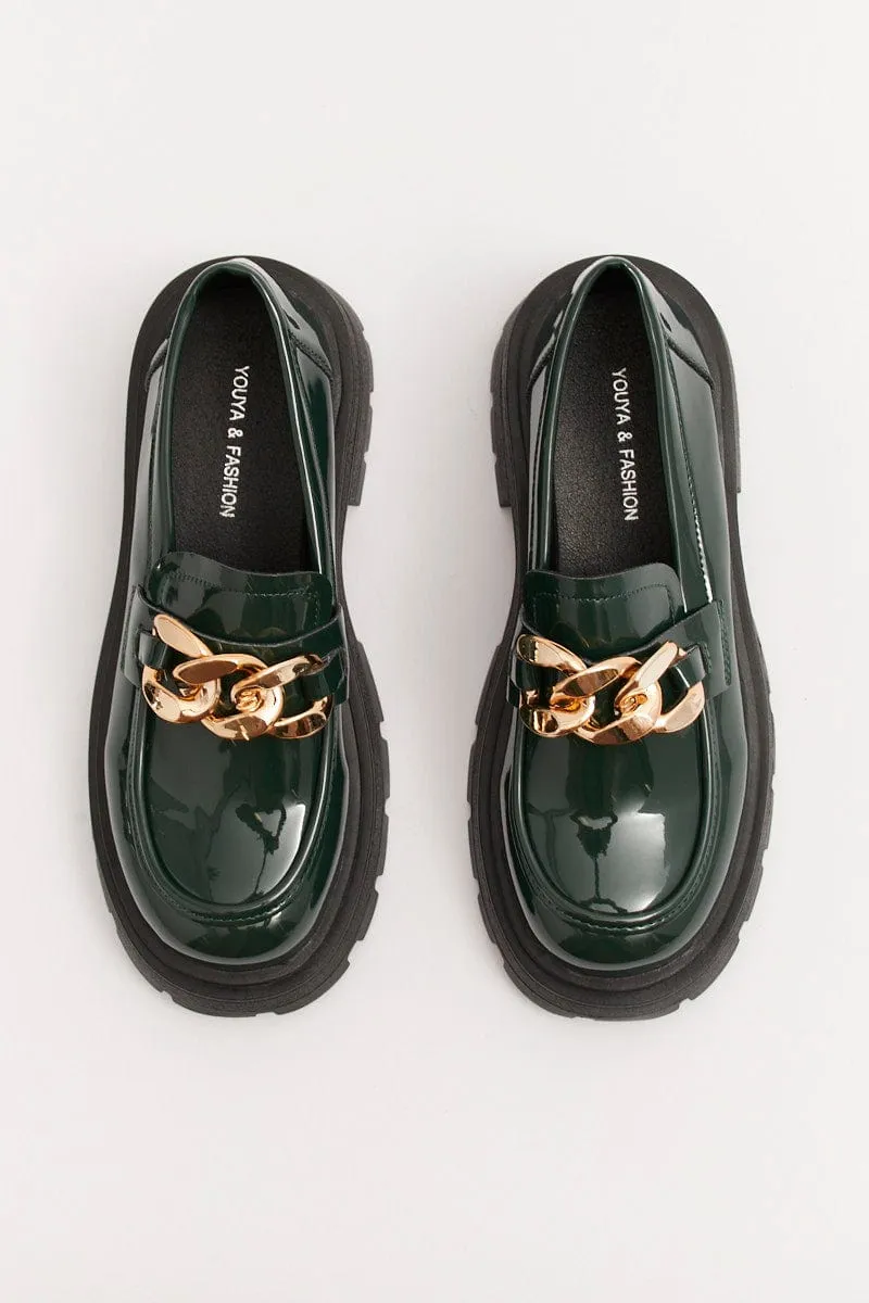 Green Chain Detail Chunky Sole Loafers In Patent