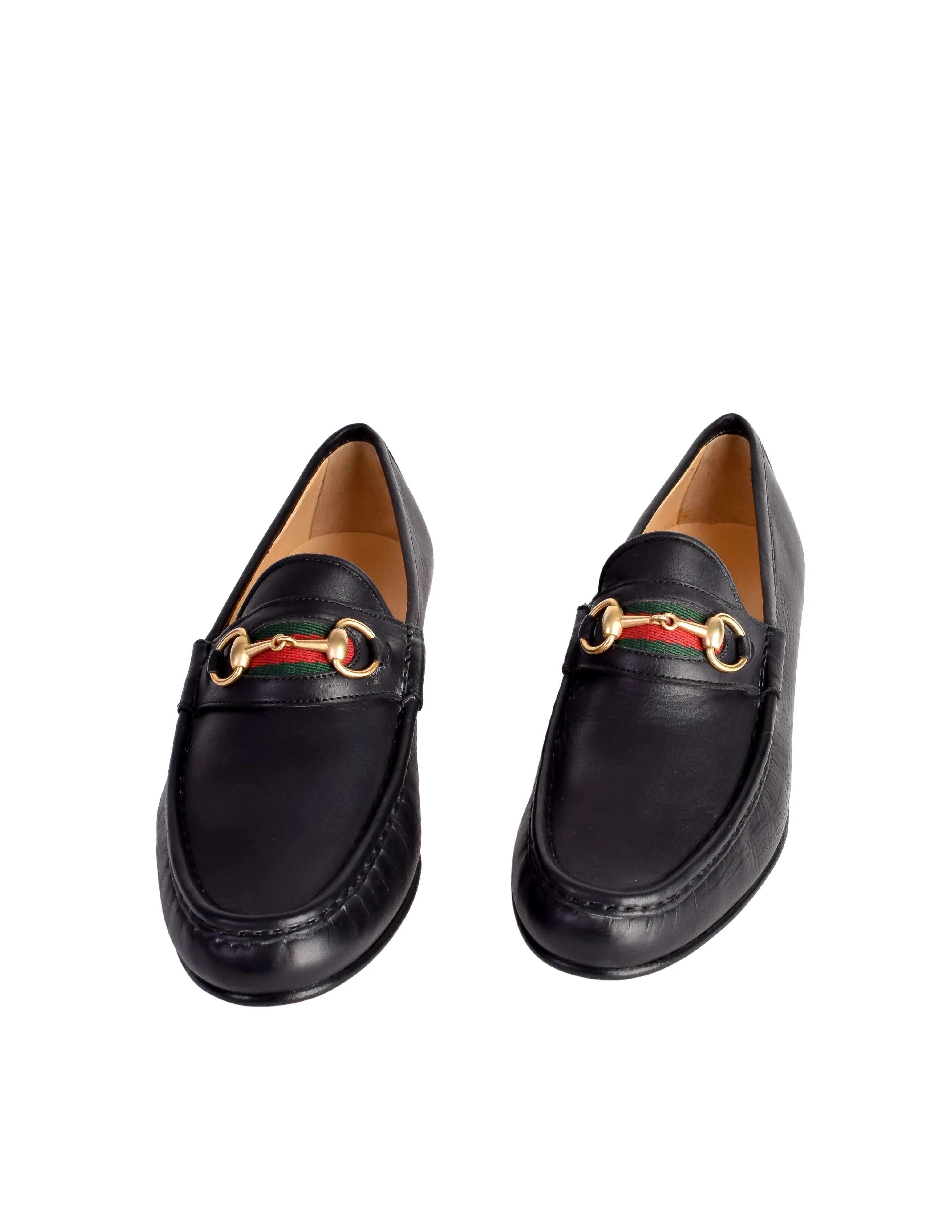 Gucci Vintage Iconic Classic Web Stripe Horsebit Black Leather Loafers