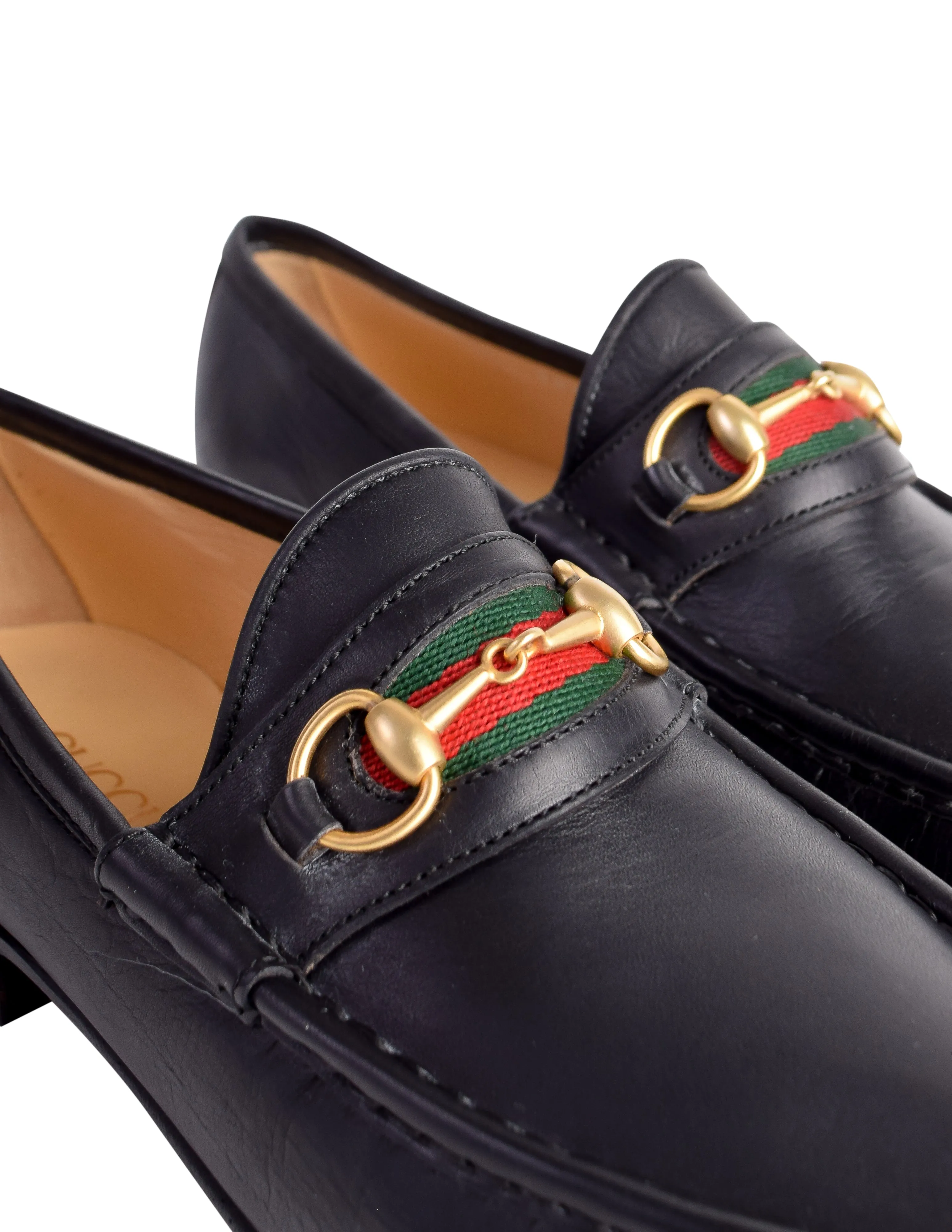 Gucci Vintage Iconic Classic Web Stripe Horsebit Black Leather Loafers