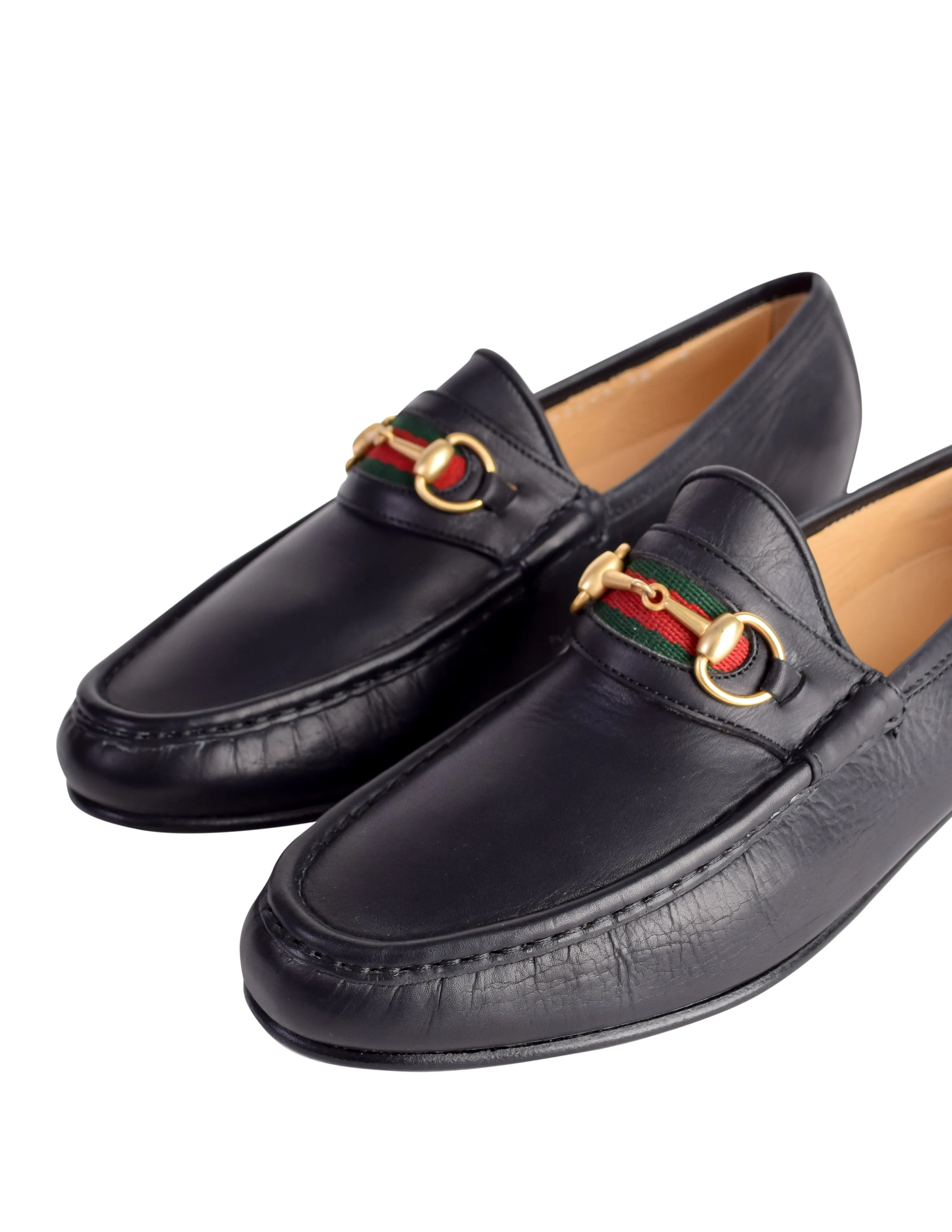 Gucci Vintage Iconic Classic Web Stripe Horsebit Black Leather Loafers