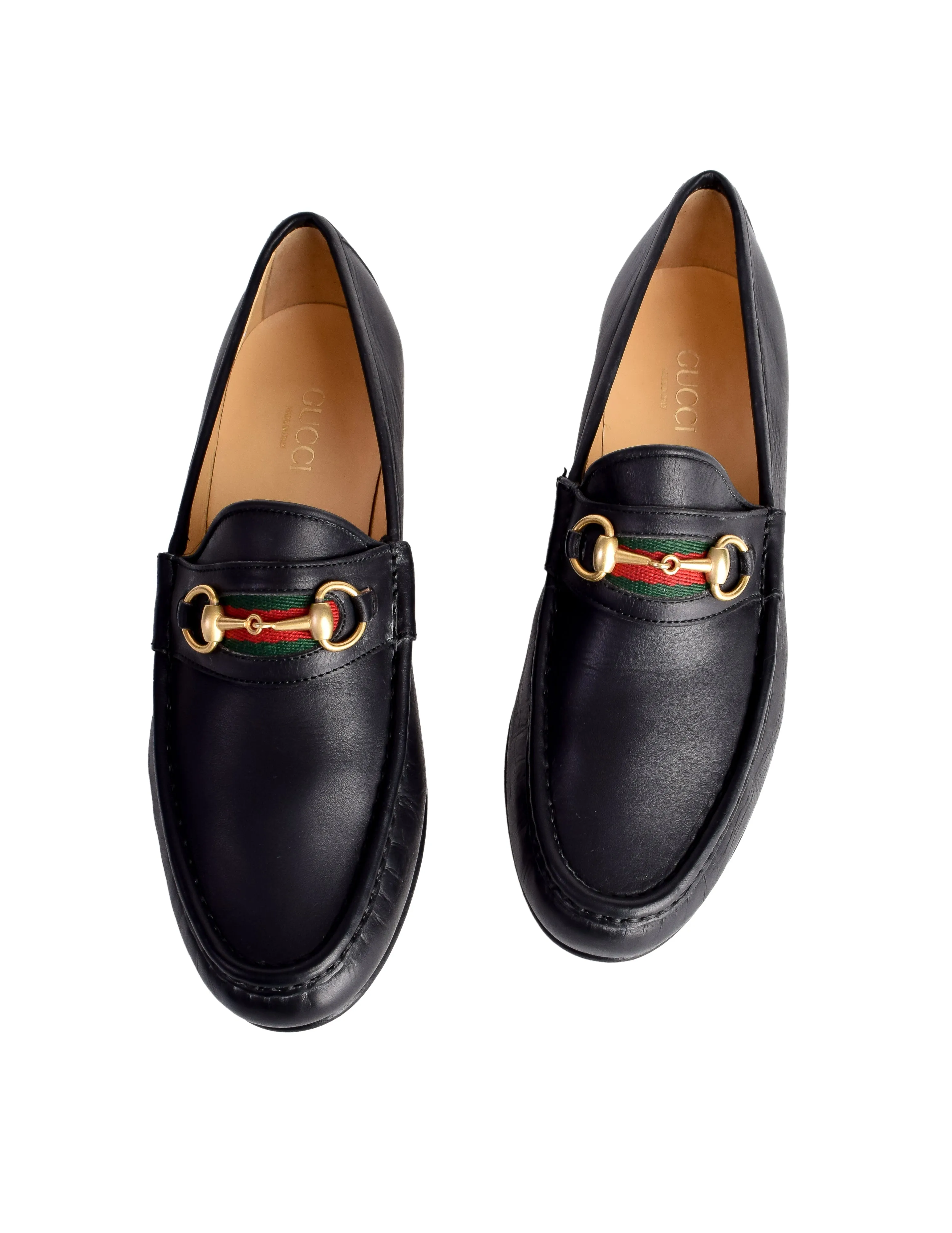 Gucci Vintage Iconic Classic Web Stripe Horsebit Black Leather Loafers