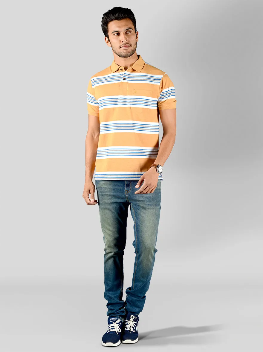 Honey Yellow & White Striped Slim Fit Polo T-shirt | Greenfibre