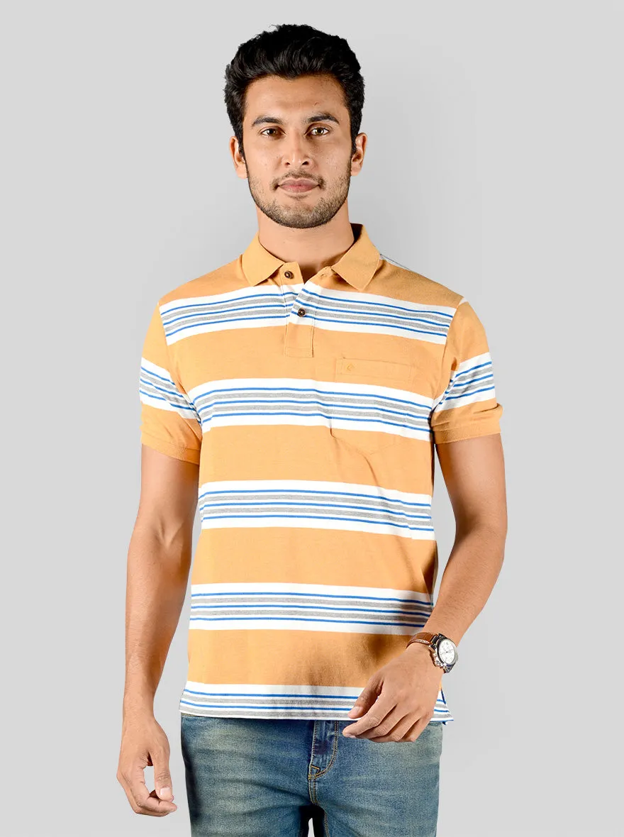 Honey Yellow & White Striped Slim Fit Polo T-shirt | Greenfibre