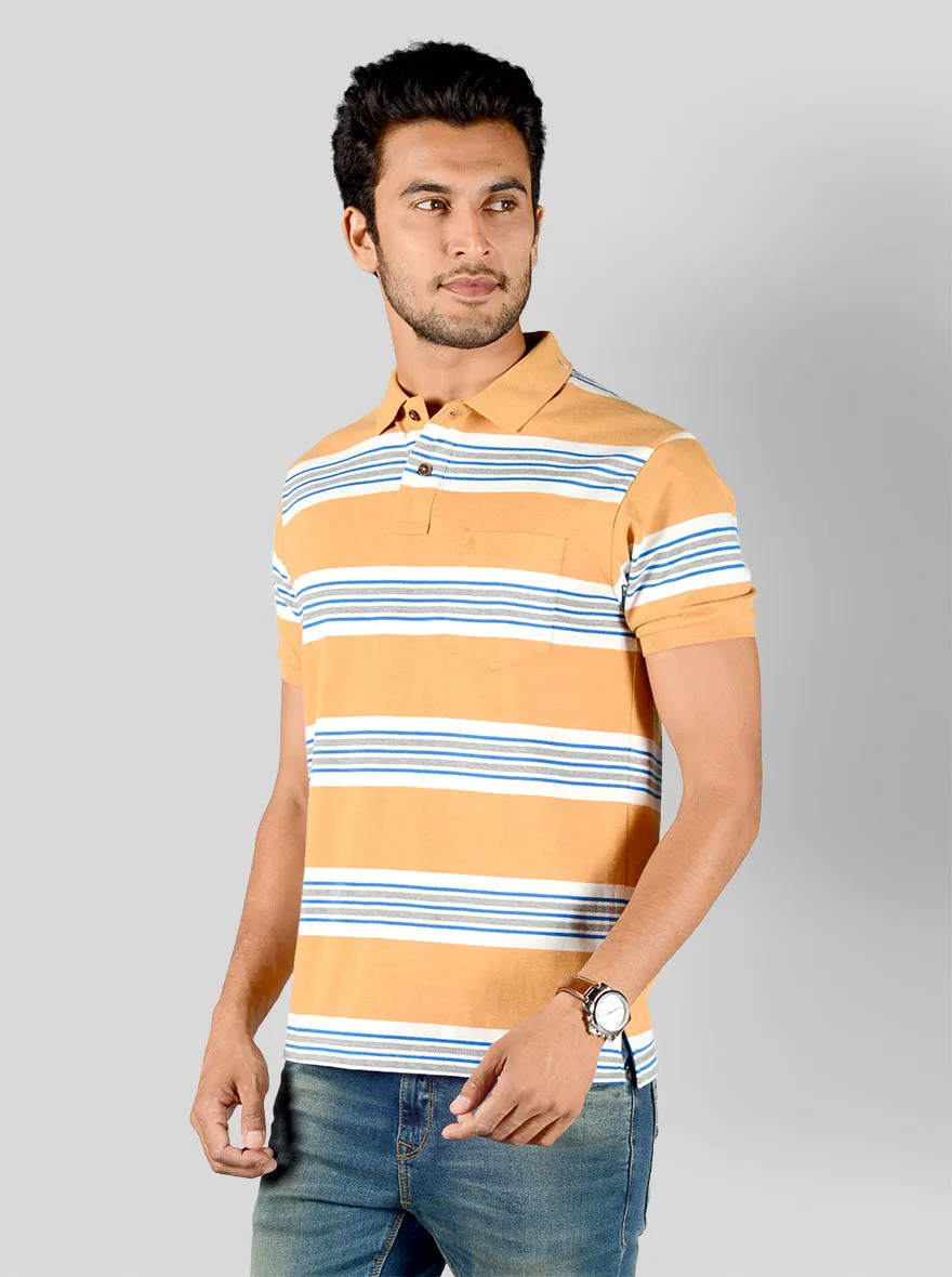 Honey Yellow & White Striped Slim Fit Polo T-shirt | Greenfibre