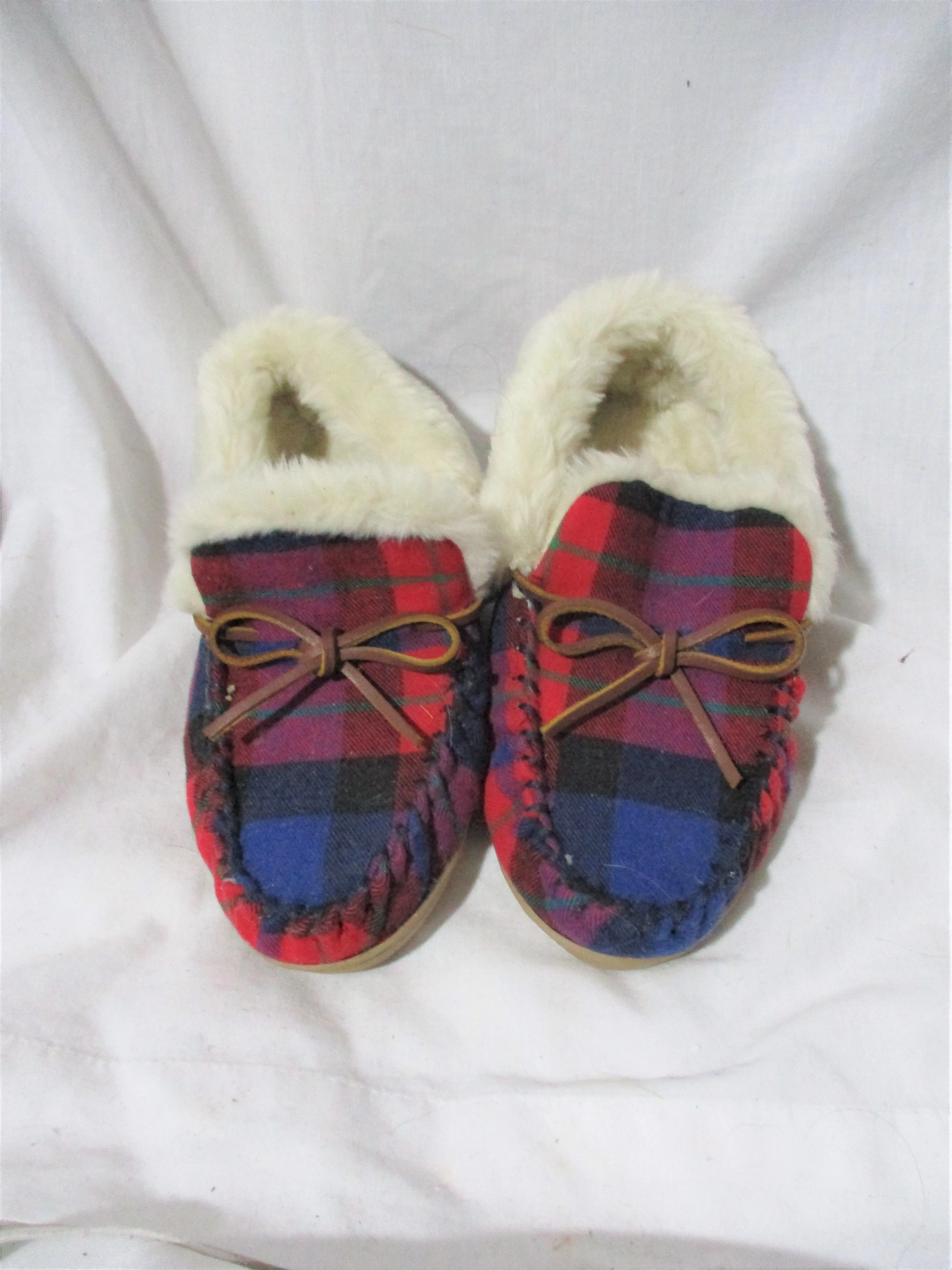 J. CREW PLAID BRIGHT CERISE TARTAN FAUX FUR Lined Moc  6 Slipper Shoe RED HOLIDAY