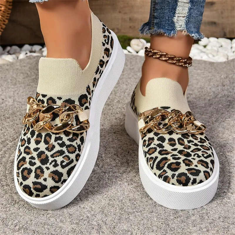 Joskaa Thick-Soled Flyknit Breathable Low-Top Single-Layer Shoes Women's Chain Decorative Slip-on Loafers