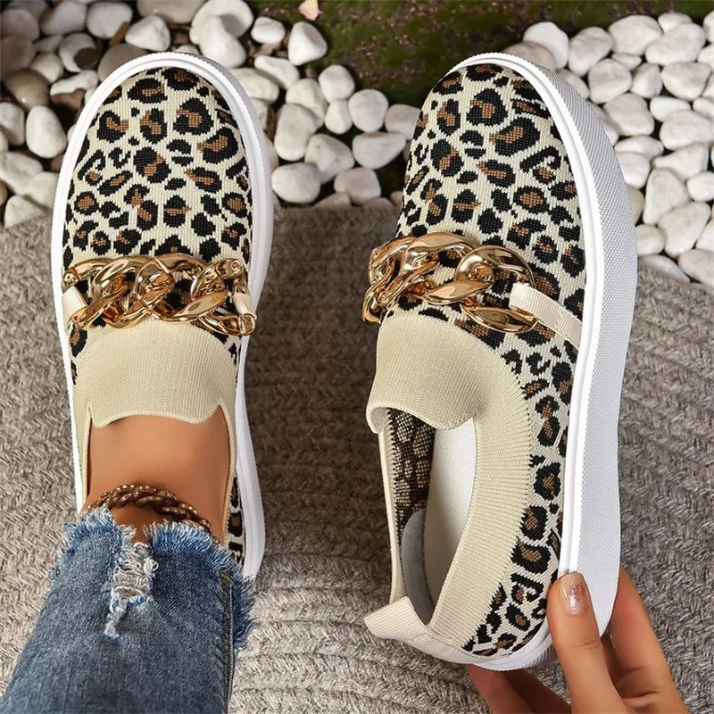 Joskaa Thick-Soled Flyknit Breathable Low-Top Single-Layer Shoes Women's Chain Decorative Slip-on Loafers