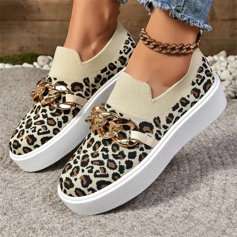Joskaa Thick-Soled Flyknit Breathable Low-Top Single-Layer Shoes Women's Chain Decorative Slip-on Loafers