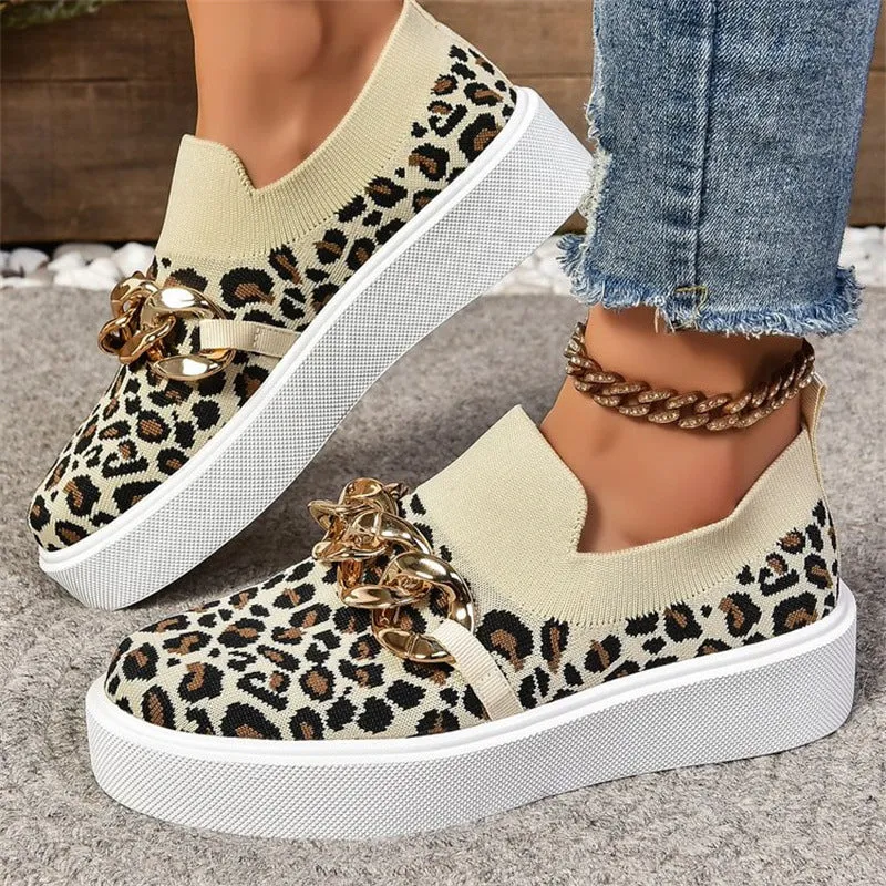 Joskaa Thick-Soled Flyknit Breathable Low-Top Single-Layer Shoes Women's Chain Decorative Slip-on Loafers