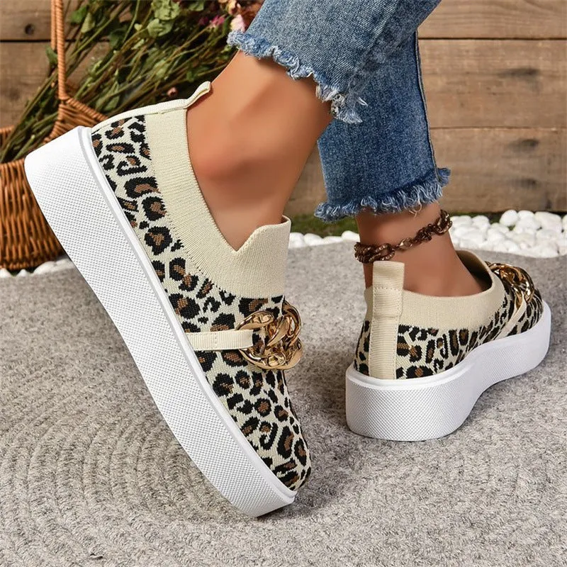 Joskaa Thick-Soled Flyknit Breathable Low-Top Single-Layer Shoes Women's Chain Decorative Slip-on Loafers