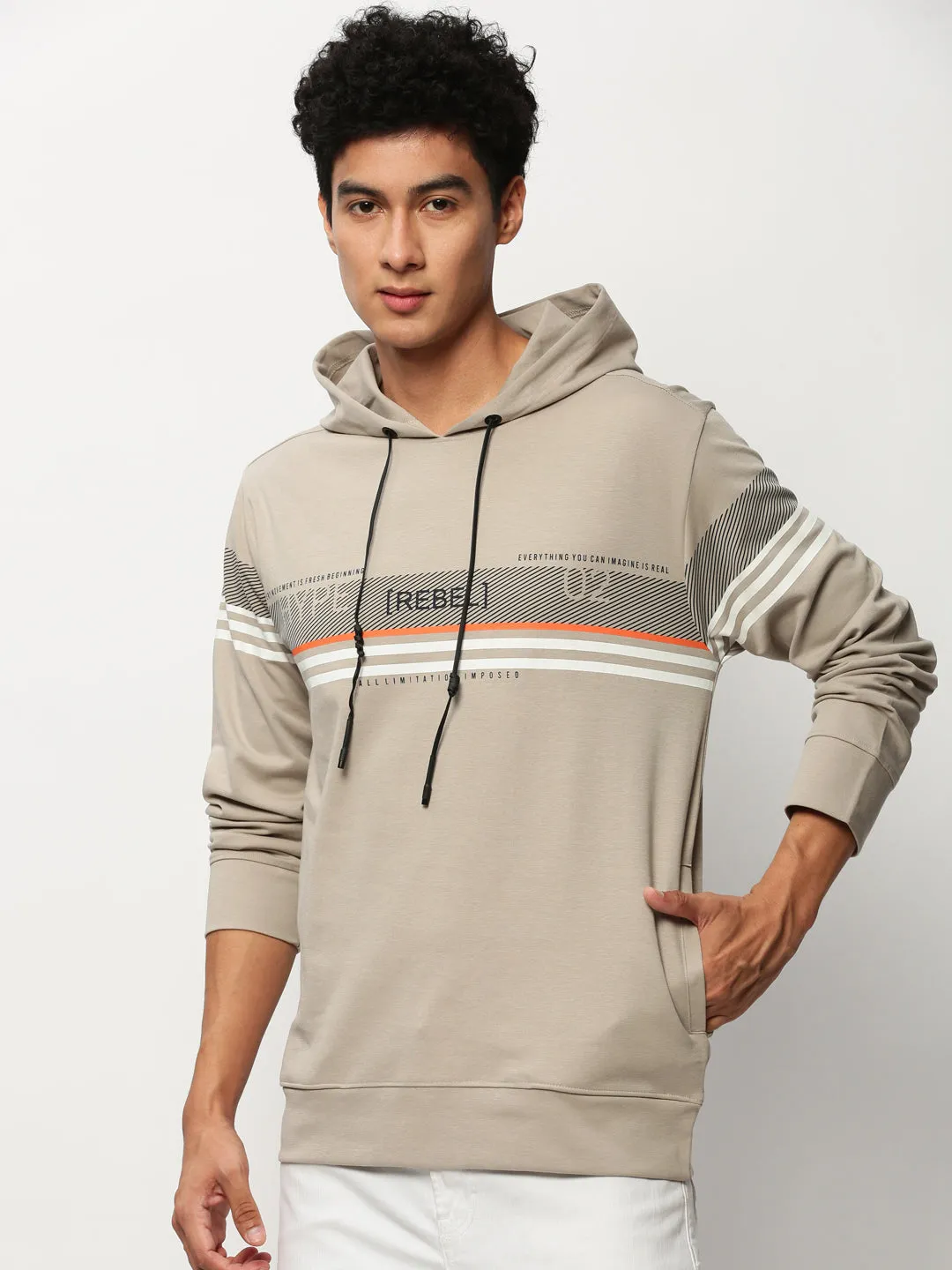 Men Beige Graphics Casual Sweatshirts