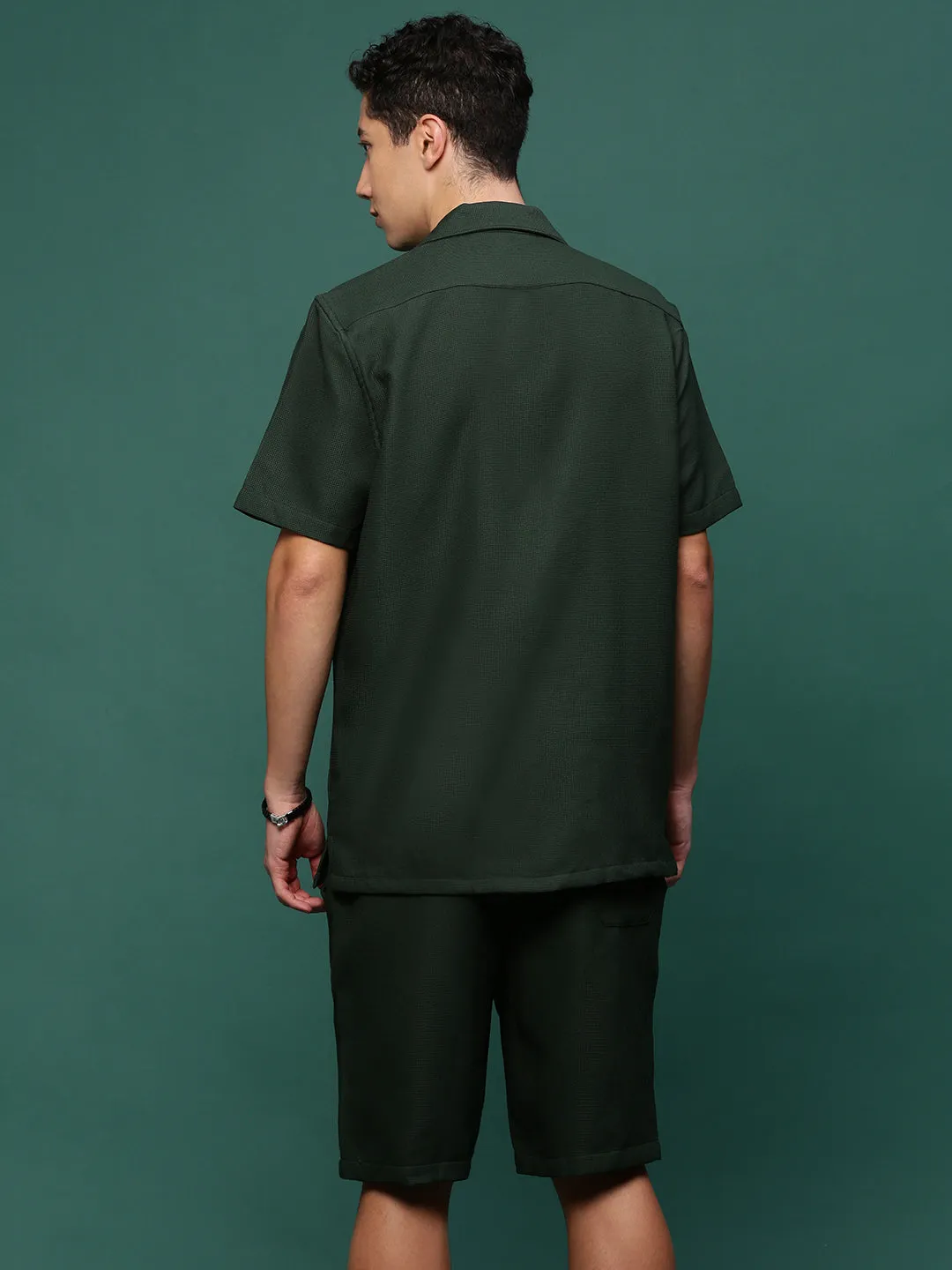 Men Green Cuban Collar Solid Co Ords Set