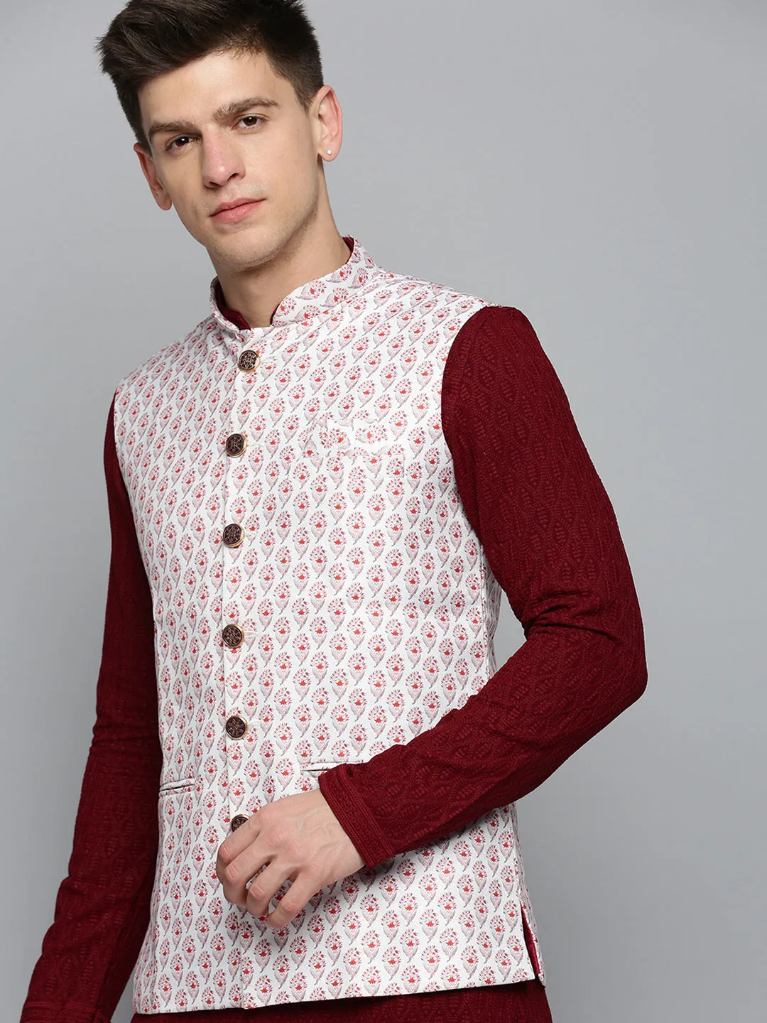 Men Mandarin Collar Printed White Nehru Jacket