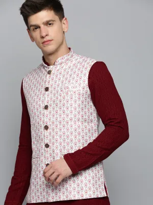Men Mandarin Collar Printed White Nehru Jacket