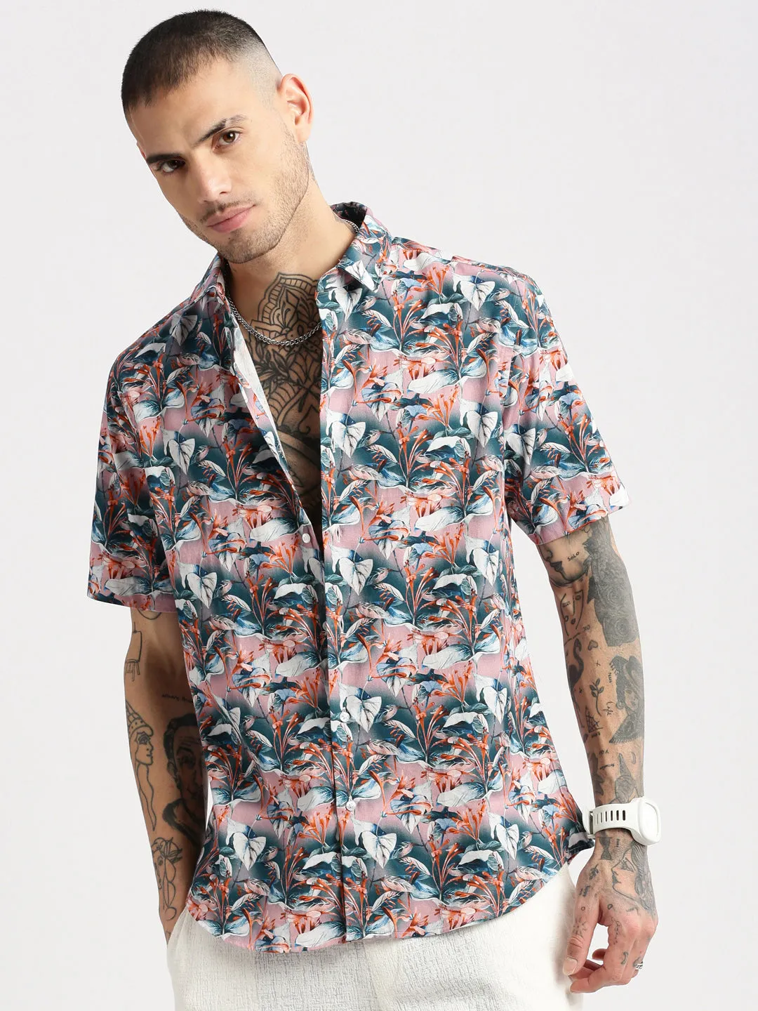 Men Spread Collar Floral Teal Casual Shirt
