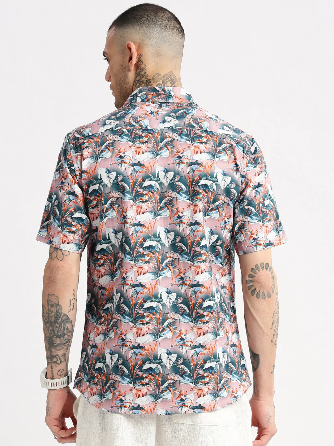 Men Spread Collar Floral Teal Casual Shirt