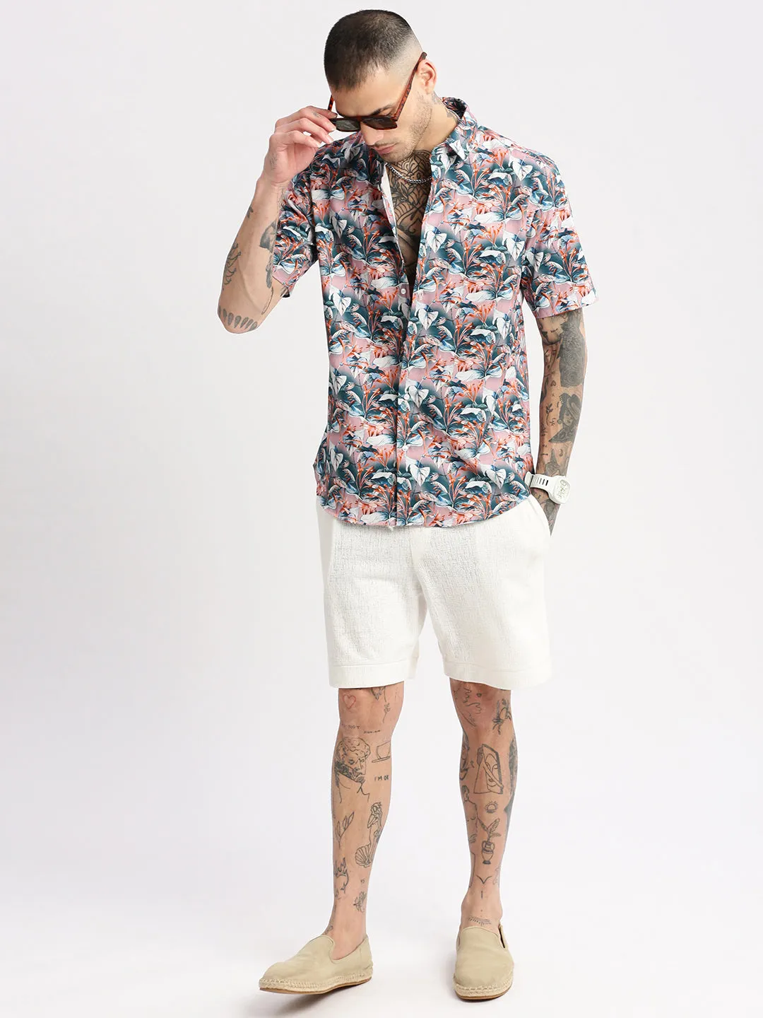 Men Spread Collar Floral Teal Casual Shirt