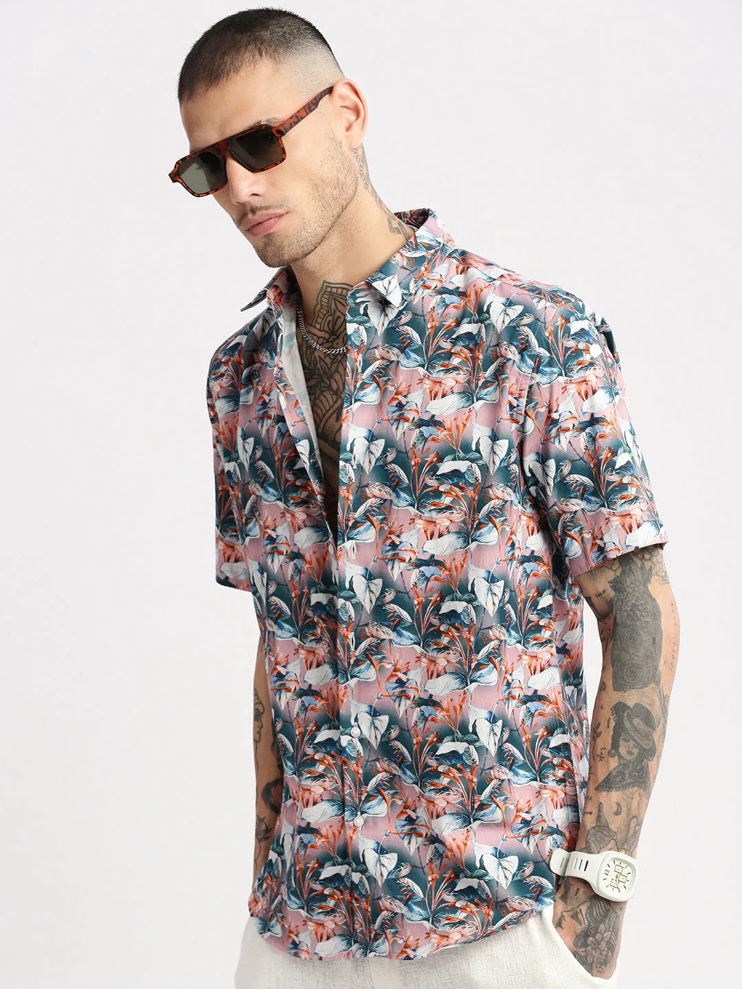 Men Spread Collar Floral Teal Casual Shirt