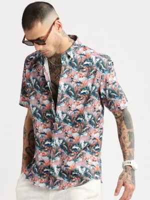 Men Spread Collar Floral Teal Casual Shirt