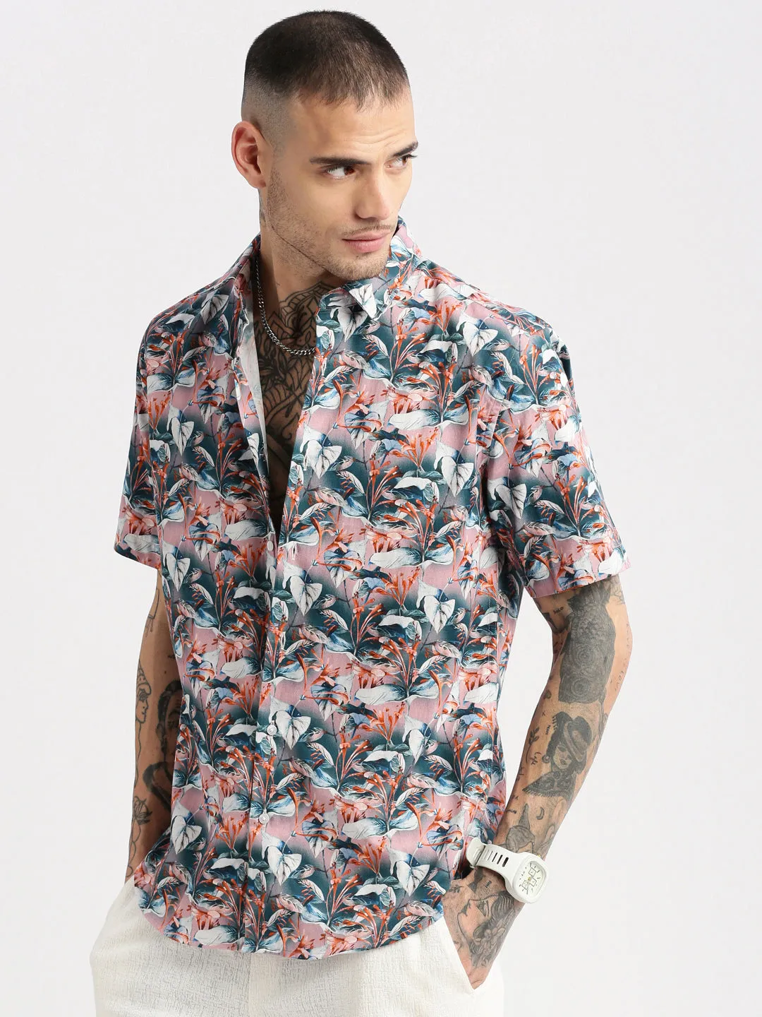 Men Spread Collar Floral Teal Casual Shirt