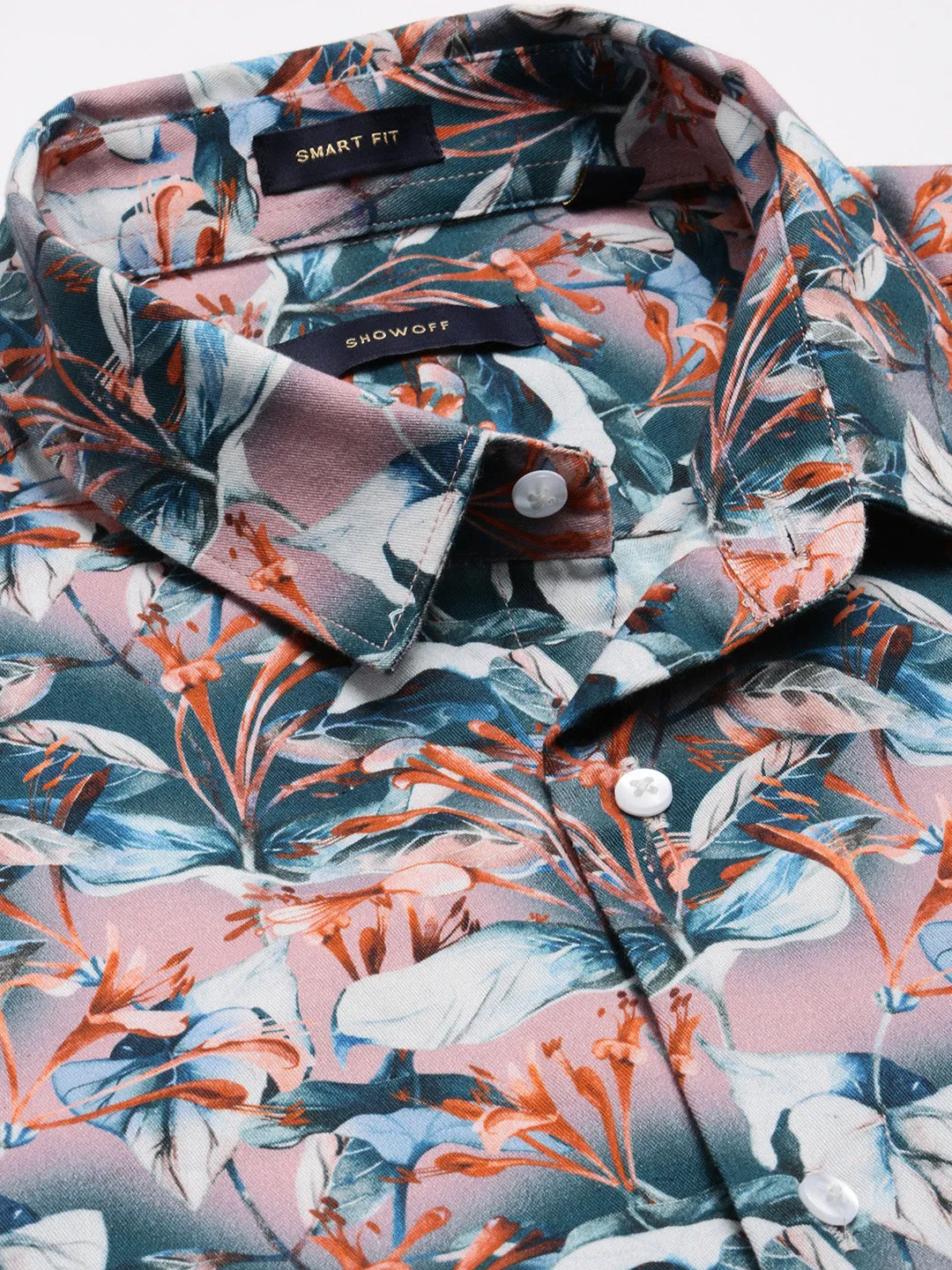 Men Spread Collar Floral Teal Casual Shirt