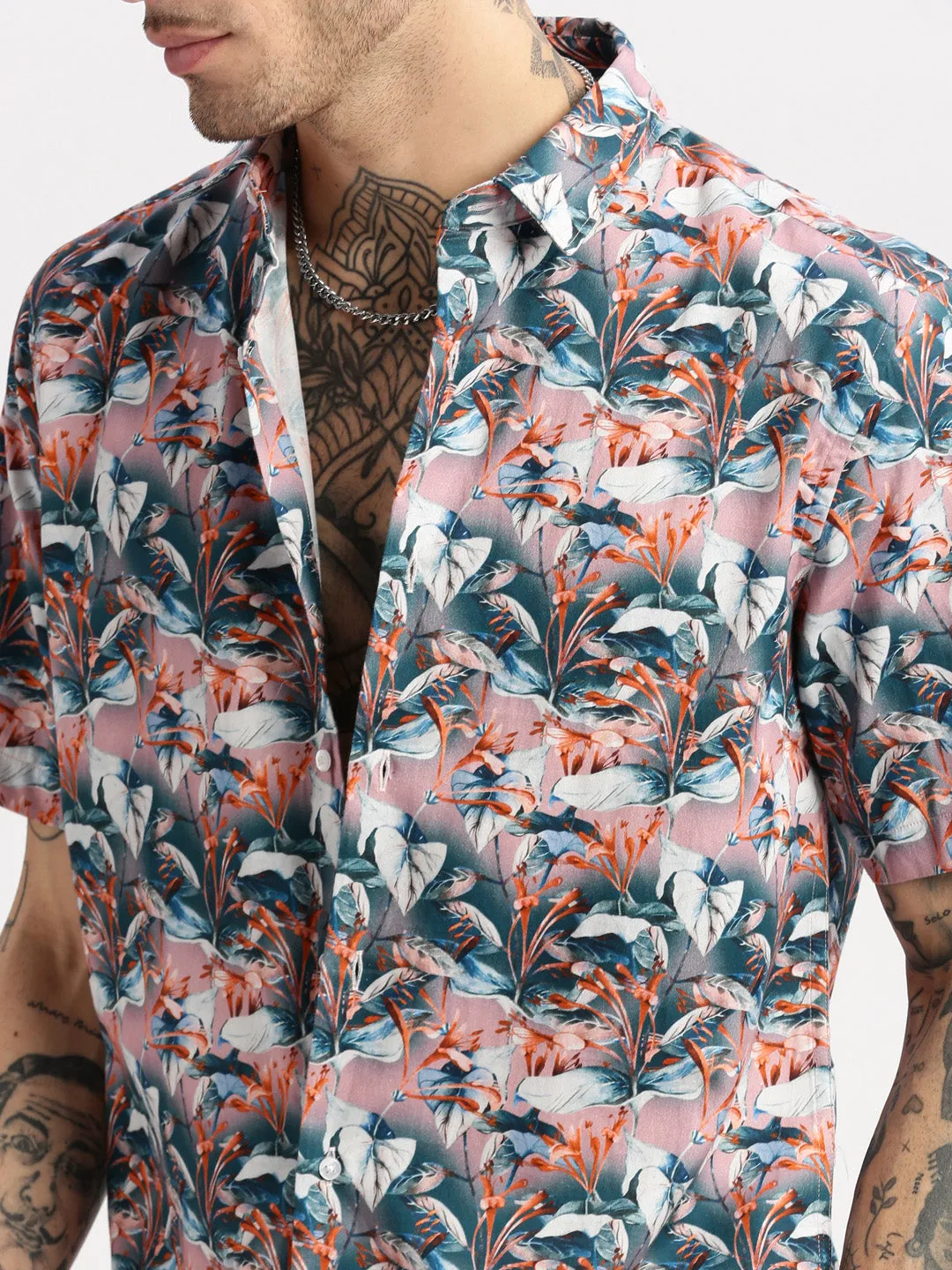 Men Spread Collar Floral Teal Casual Shirt
