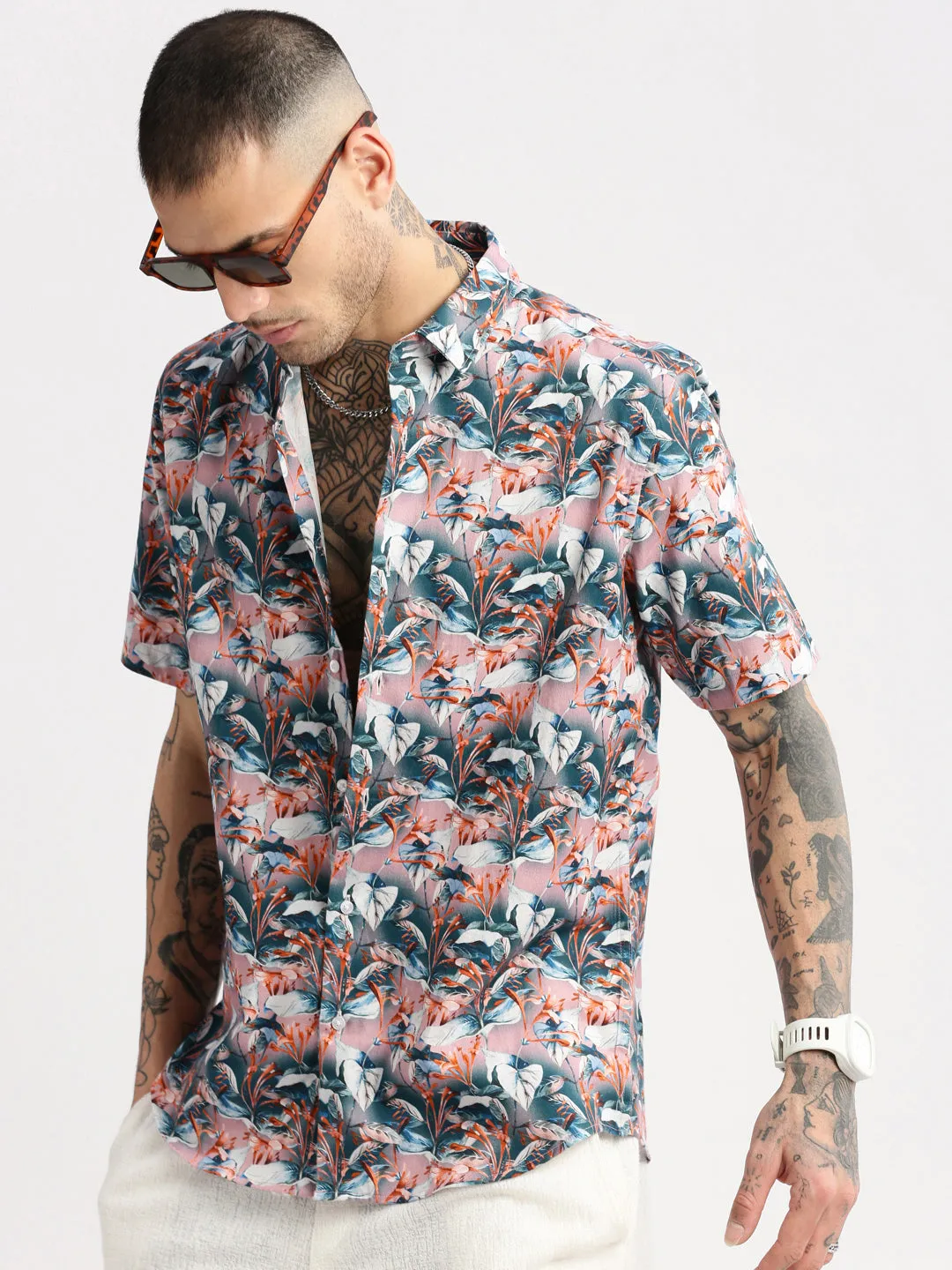Men Spread Collar Floral Teal Casual Shirt